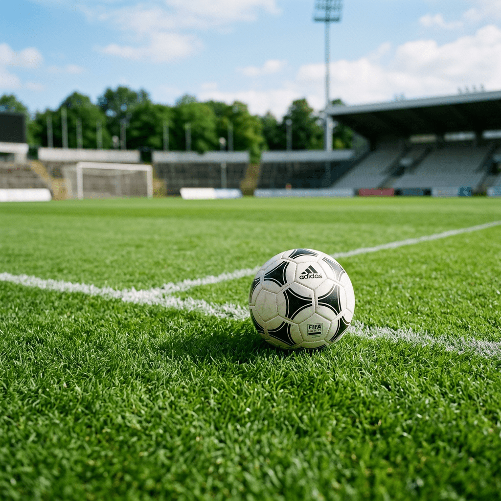 Adidas soccer ball on green grass near white corner line in an empty soccer stadium